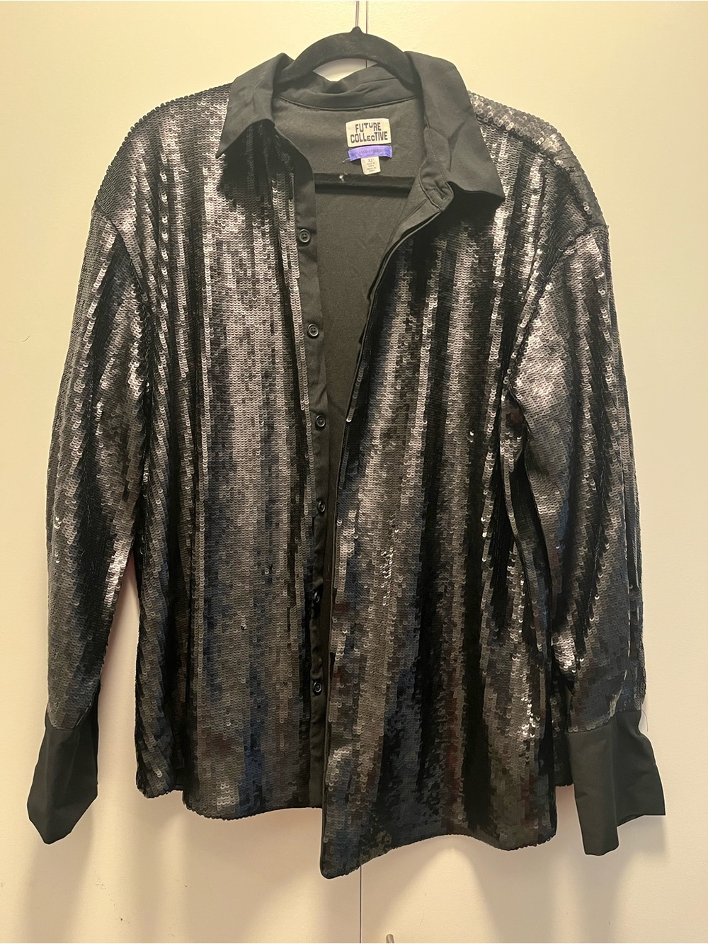 Futuristic Collective Black Sequin Button-Down Shirt for Women